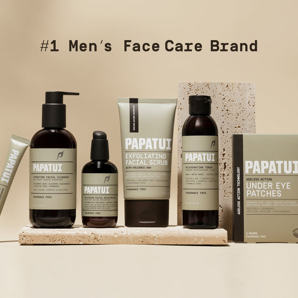 PAPATUI men's face care products standing on a white counter against a neutral background with text overlay that reads "#1 Men's Face Care Brand"