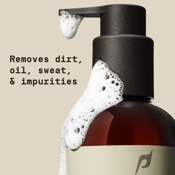Cleanser bottle with bubbles with "Removes dirt, oil, sweat, and impurities" text overlay - Papatui Face Care
