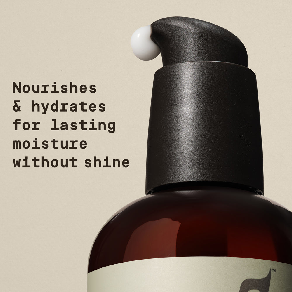 Close-up of Papatui Restoring Facial Moisturizer with product coming out of pump dispenser against a neutral background with text overlay that reads "Nourishes & hydrates for lasting moisture without shine"