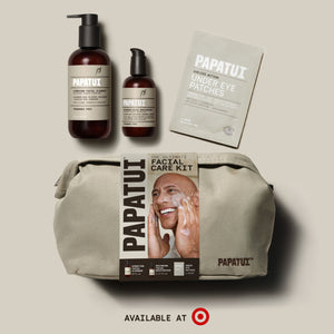 Papatui Holiday gift set facial care dopp kit with Dwayne the Rock Johnson on the belly band. Gift set includes men's hydrating facial cleanser, restoring facial moisturizer, and under eye patches.