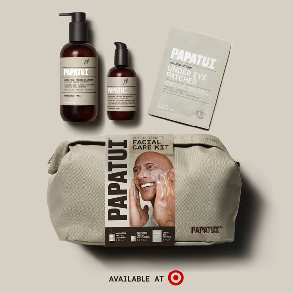 Papatui Holiday gift set facial care dopp kit with Dwayne the Rock Johnson on the belly band. Gift set includes men's hydrating facial cleanser, restoring facial moisturizer, and under eye patches.