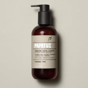 PAPATUI™ Hydrating Facial Cleanser 8 fl oz a premium fragrance-free facial cleanser designed to gently cleanse, hydrate, exfoliate the skin, and maintain moisture balance while removing impurities. The cleanser is housed in a sleek amber bottle with a black pump and a minimalist beige label featuring the PAPATUI™ logo. Ideal for daily skincare routines.