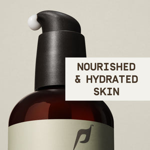 PAPATUI™ Unscented Hydrating Facial Cleanser 8 fl oz Pump a close-up image showcasing the sleek black pump dispenser with a small drop of the hydrating formula at the tip, highlighting its smooth and nourishing texture. The text overlay reads 