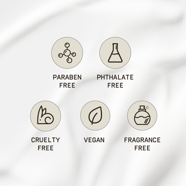 A clean, smooth-textured background showcasing five key skincare benefits of PAPATUI™ Unscented Hydrating Facial Cleanser 8 fl oz. The icons highlight that the product is paraben-free, phthalate-free, cruelty-free, vegan, and fragrance-free. The minimalist design and neutral tones emphasize the clean and safe formulation of the skincare line.
