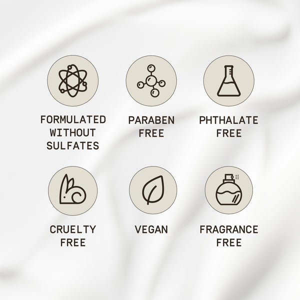 A minimalist skincare benefits graphic displaying six circular icons on a smooth, PAPATUI™ Unscented Restoring Facial Moisturizer 3.3 oz lotion-textured background. Each icon represents a key product feature: Formulated Without Sulfates, Paraben-Free, Phthalate-Free, Cruelty-Free, Vegan, and Fragrance-Free. The clean and modern design conveys the product’s commitment to gentle, safe, and ethical skincare.