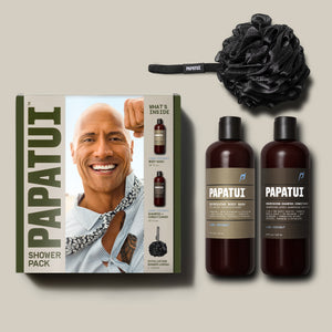 Papatui holiday gift set Lush Coconut scented shower pack includes Papatui full size 18 oz lush coconut scented body wash, shampoo and conditioner, and exfoliating shower loofah. Dwayne the Rock Johnson is on the cover of the gift pack.