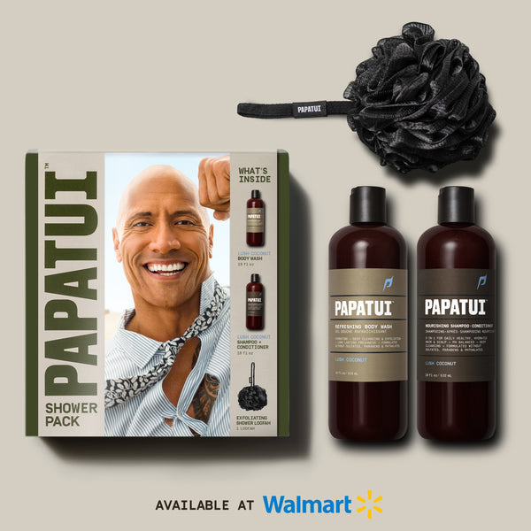 Papatui holiday gift set Lush Coconut scented shower pack includes Papatui full size 18 oz lush coconut scented body wash, shampoo and conditioner, and exfoliating shower loofah. Dwayne the Rock Johnson is on the cover of the gift pack. Available at Walmart.