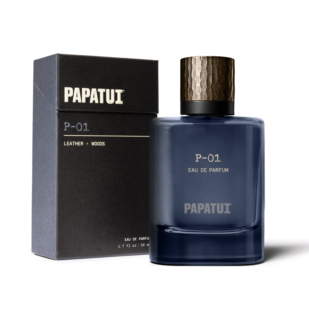 Blue cologne bottle and box labeled 'P-01 Eau de Parfum' by 'PAPATUI' on a white background