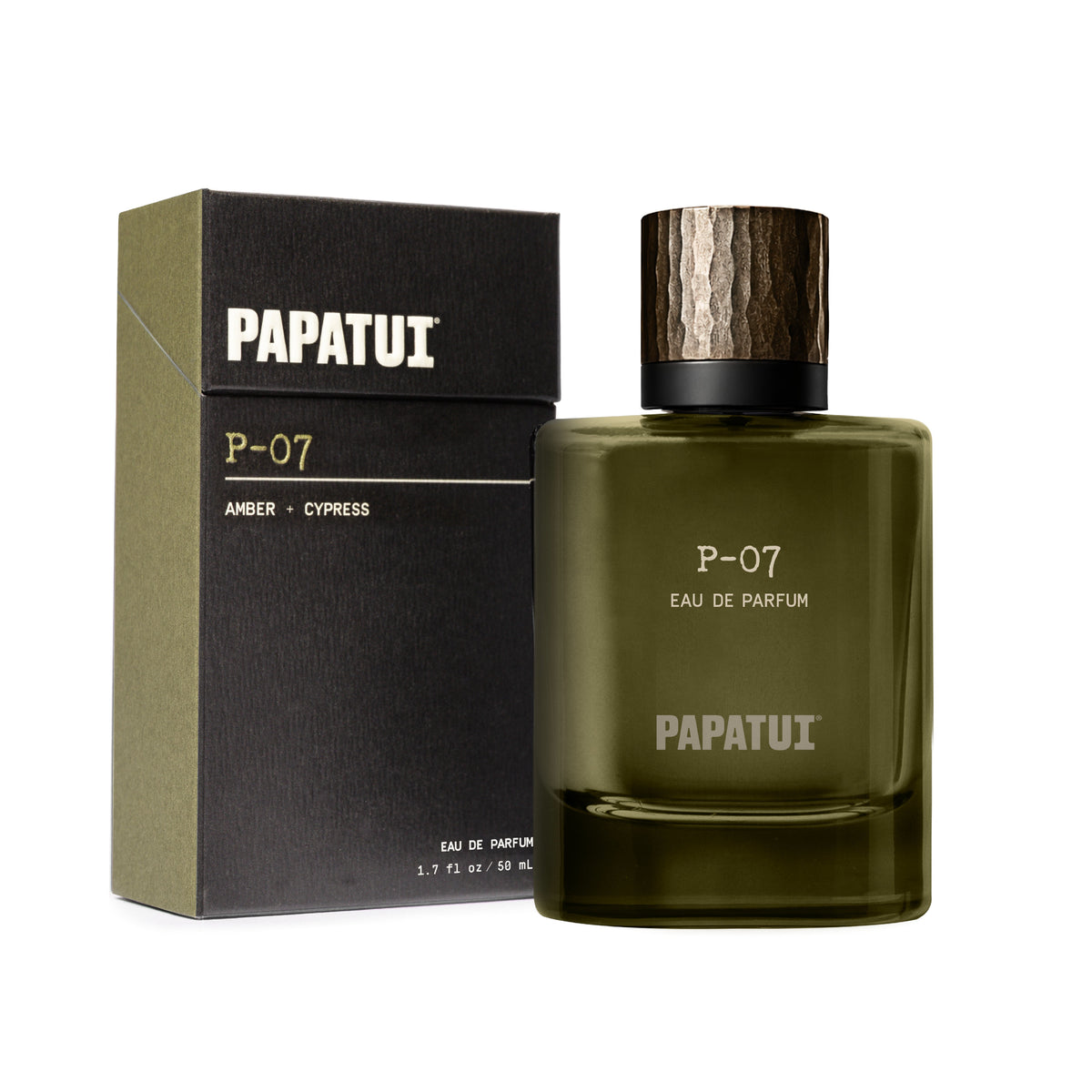Brown cologne bottle and box labeled 'P-21 Eau de Parfum' by 'PAPATUI' on a beige background