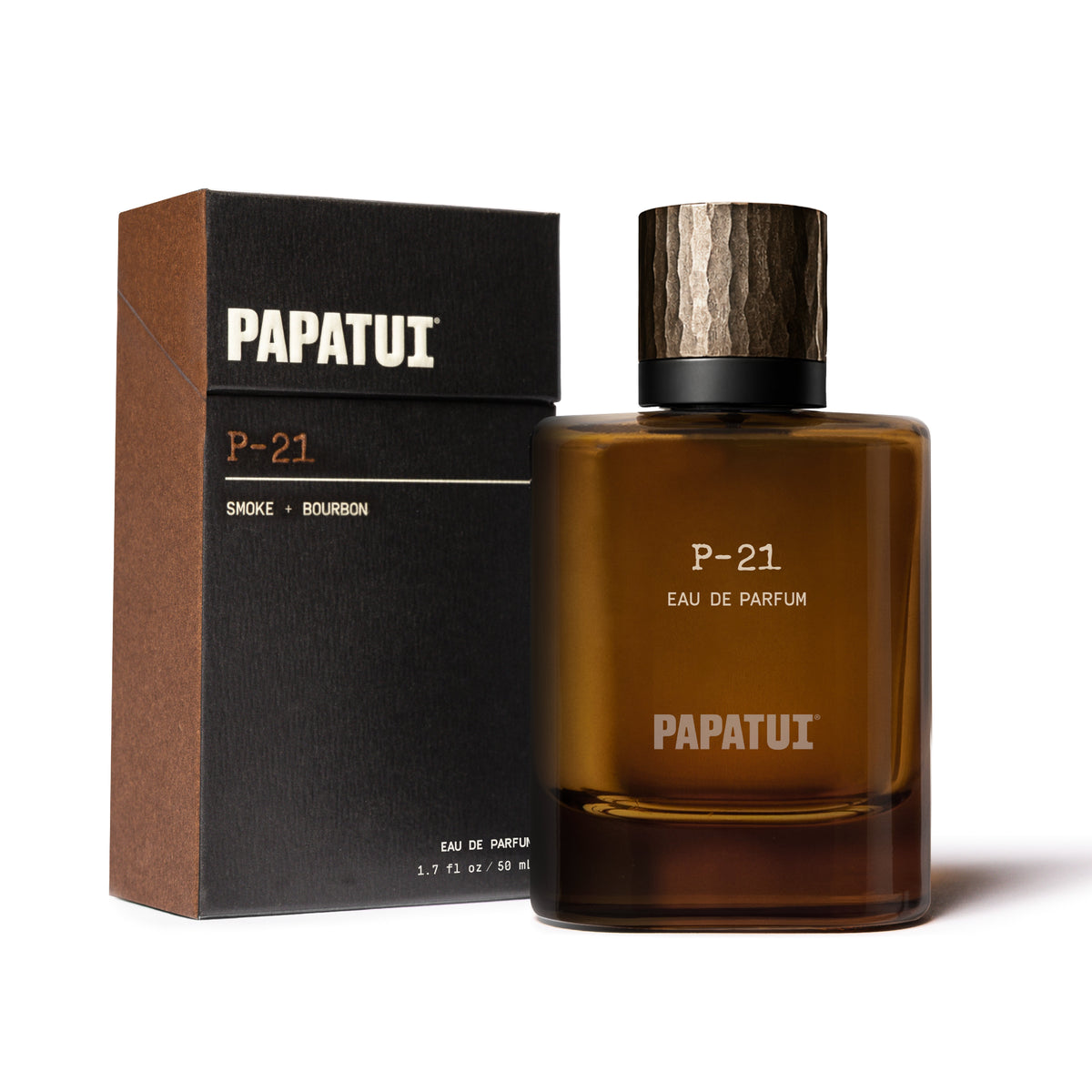 Brown cologne bottle and box labeled 'P-21 Eau de Parfum' by 'PAPATUI' on a white background