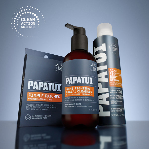 Papatui skincare acne products including facial cleanser, body spray, and pimple patches on a reflective surface with a gradient background.