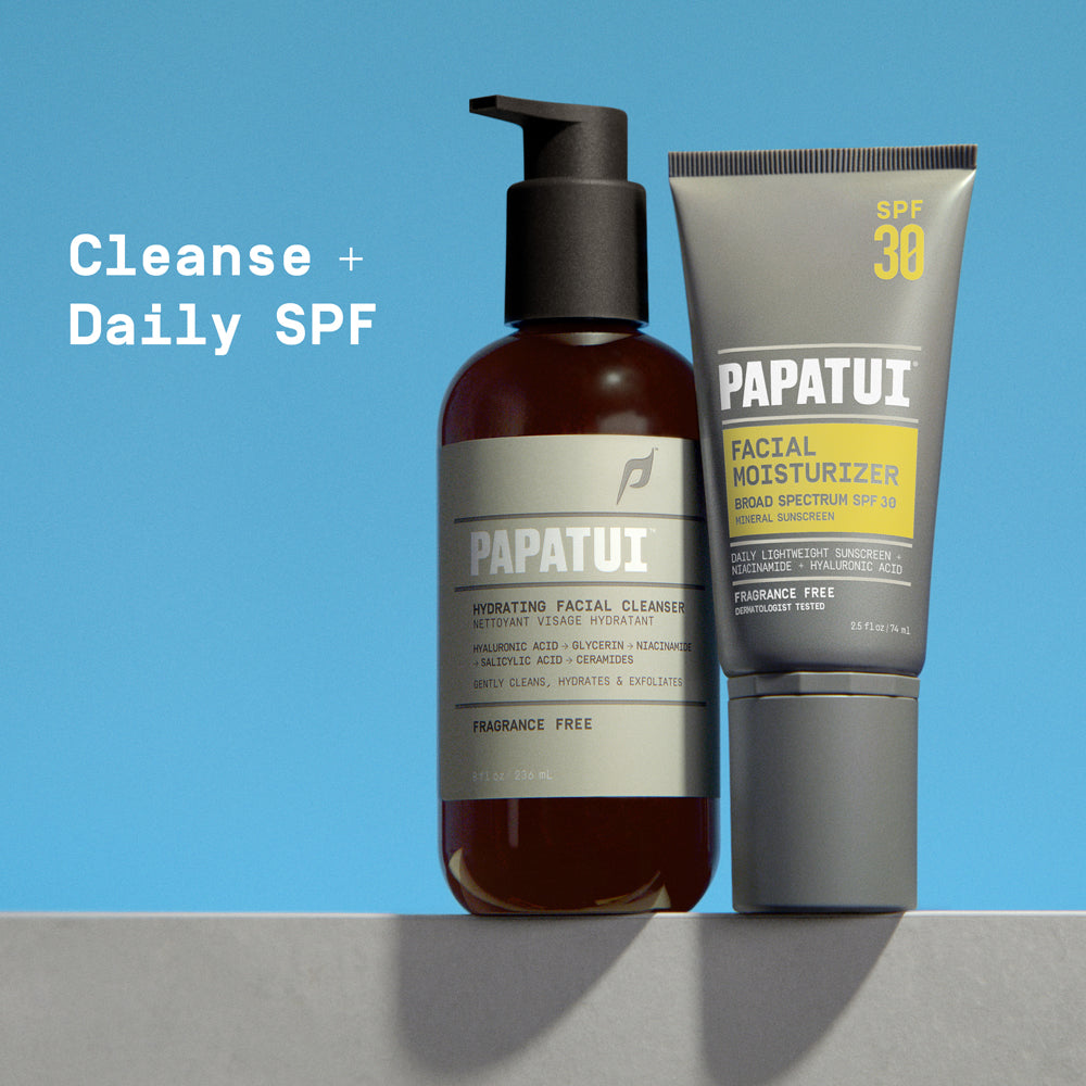 Papatui Hydrating Facial Cleanser and Facial Moisturizer with SPF 30 on a blue background with text overlay that reads "Cleanse + Daily SPF"