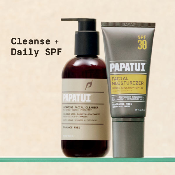 Papatui facial cleanser and daily facial moisturizer SPF on a beige background with text reading "cleanse and daily spf."