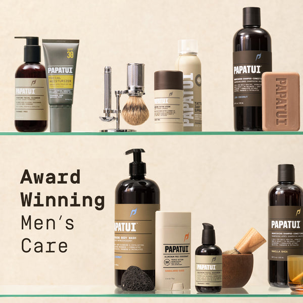 Collection of Papatui men's grooming products on a shelf with a beige background with text reading "award winning men's care."