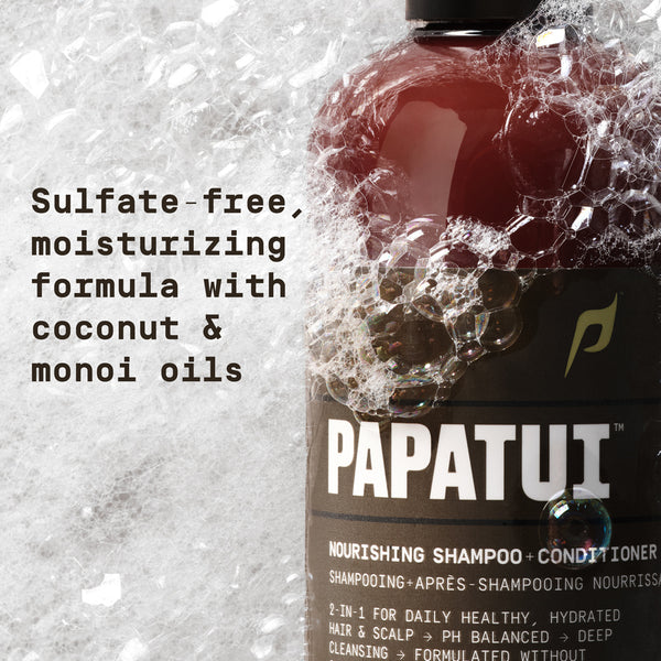 Papatui shampoo and conditioner bottle with text about sulfate-free formula and ingredients on a textured background  - Papatui Shampoo and Conditioner