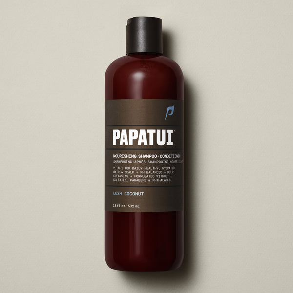 Papatui Lush Coconut shampoo bottle on a beige background - front of pack