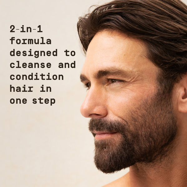 Man with beard and sideburns with text about a 2-in-1 hair care formula. - Papatui Shampoo and Conditioner