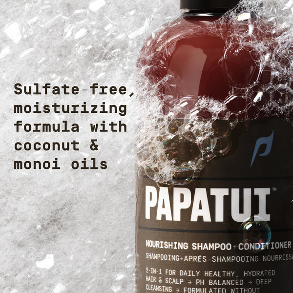 Papatui shampoo and conditioner bottle with text about sulfate-free formula and oils on a textured background - Papatui Shampoo and Conditioner