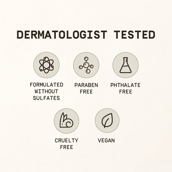 Icons indicating dermatologist-tested products with labels for sulfate-free, paraben-free, phthalate-free, cruelty-free, and vegan formulations on a white background. - Papatui Shampoo and Conditioner