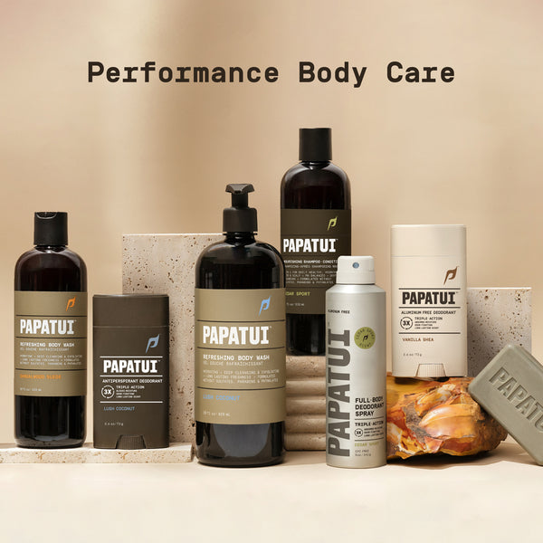 Papatui performance body care products on a beige background