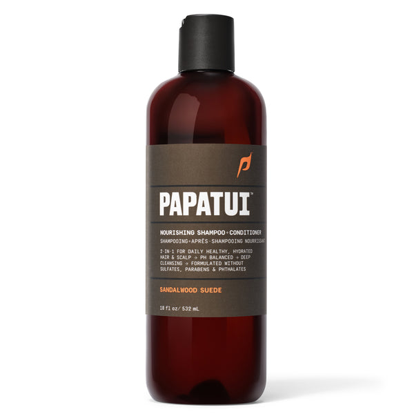 Papatui Sandalwood Suede shampoo bottle on a white background - front of pack