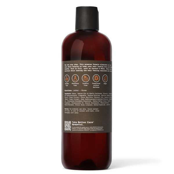 Papatui Sandalwood Suede shampoo bottle on a white background - back of pack
