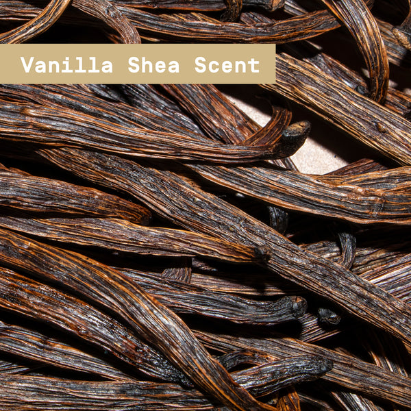 Close-up of vanilla beans with 'Vanilla Shea Scent' text overlay - Papatui Shampoo and Conditioner