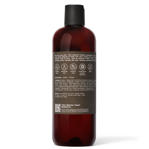 Papatui Vanilla Shea shampoo bottle on a white background - back of pack
