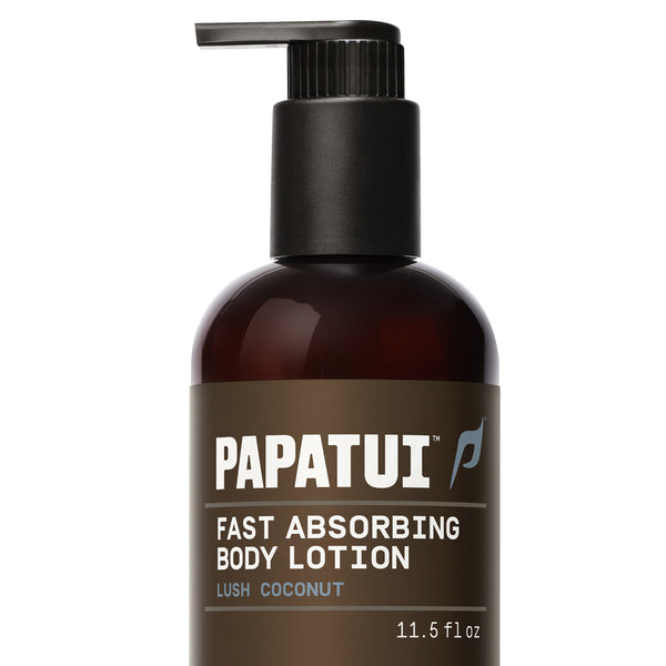 PAPATUI™ Lush Coconut Fast Absorbing Body Lotion 11.5 fl oz Hydrating men's body lotion enriched with Vitamin B3 and ceramides for 24-hour moisturization. Designed for daily use with a super fast-absorbing, non-greasy formula. The image features a sleek amber bottle with a black pump dispenser, and a brown label with bold white typography displaying the PAPATUI™ logo. The "Lush Coconut" scent is highlighted, emphasizing a nourishing and refreshing fragrance.