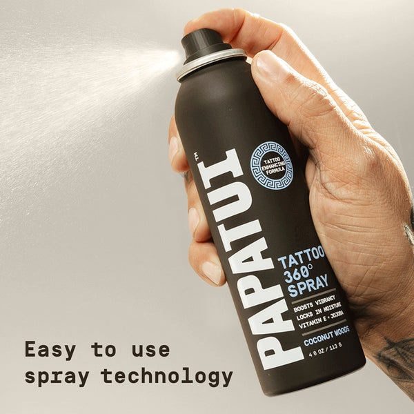 PAPATUI™ 4oz Coconut Woods Scented Enhancing Tattoo 360 Degree Spray Tattoo Aftercare Non-Greasy Hands-Free Enhancing Tattoo Aftercare Easy to Use Spray Technology