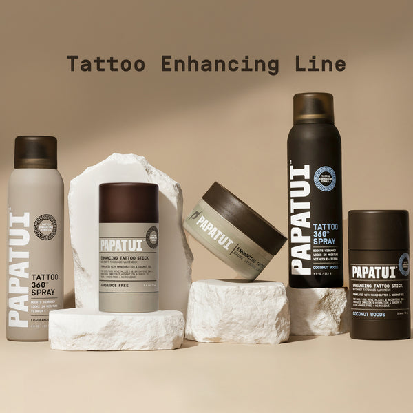 PAPATUI™ 4oz Unscented Enhancing Tattoo 360 Degree Spray Tattoo Aftercare PAPATUI™ Unscented 2.6oz Enhancing Tattoo Stick PAPATUI™ Unscented 2oz Enhancing Tattoo Balm PAPATUI™ 4oz Coconut Woods Scented Enhancing Tattoo 360 Degree Spray PAPATUI™ Coconut Woods 2.6oz Enhancing Tattoo StickTattoo Aftercare Front of Pack