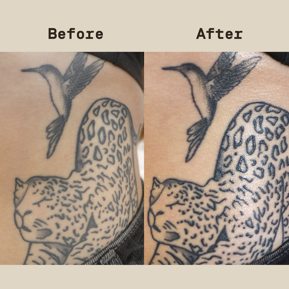Before and after comparison of a tattoo with a leopard and hummingbird design.