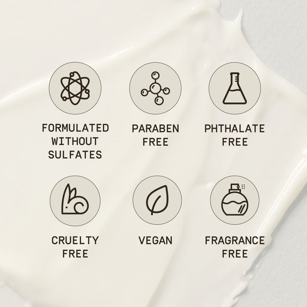 A smooth, creamy background highlighting six circular icons that represent key benefits of PAPATUI™ Enhancing Tattoo Balm. Each icon features a minimalist design with bold text beneath: 'Formulated Without Sulfates' (atomic structure icon), 'Paraben Free' (molecular structure icon), 'Phthalate Free' (lab flask icon), 'Cruelty Free' (bunny icon), 'Vegan' (leaf icon), and 'Fragrance Free' (perfume bottle icon). The soft, spread balm texture reinforces the product’s nourishing, clean, and skin-friendly formula