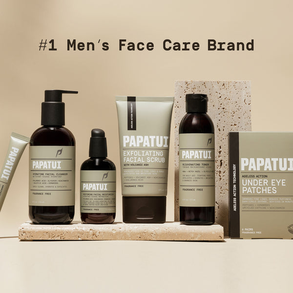 Papatui men's face care products on a beige background