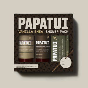 Papatui holiday gift set Vanilla shea shower pack includes Papatui full size 18 oz vanilla shea scented body wash, shampoo and conditioner, and bar soap.