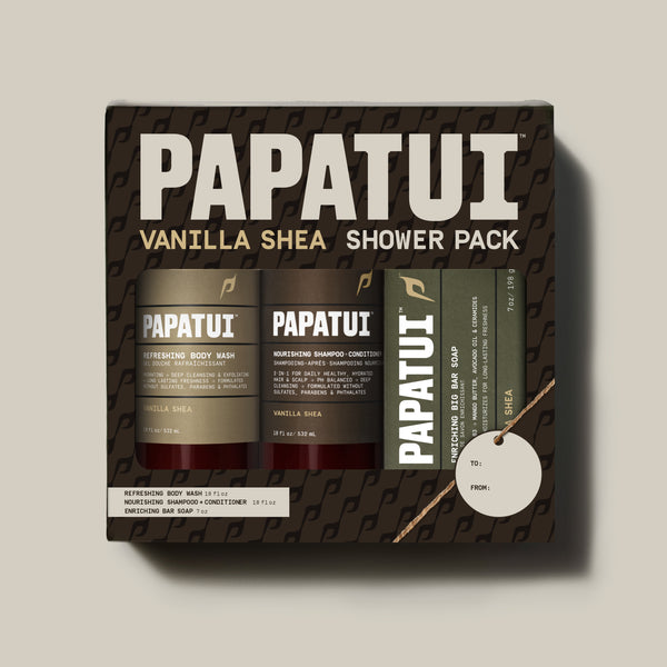 Papatui holiday gift set Vanilla shea shower pack includes Papatui full size 18 oz vanilla shea scented body wash, shampoo and conditioner, and bar soap.