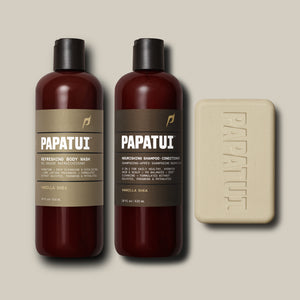 Papatui holiday gift set Vanilla shea shower pack includes Papatui full size 18 oz vanilla shea scented body wash, shampoo and conditioner, and bar soap.
