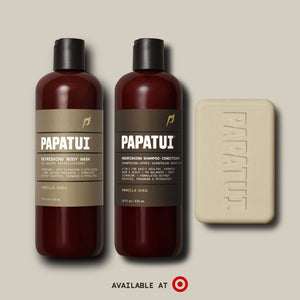 Papatui holiday gift set Vanilla shea shower pack includes Papatui full size 18 oz vanilla shea scented body wash, shampoo and conditioner, and bar soap. Available at Target.