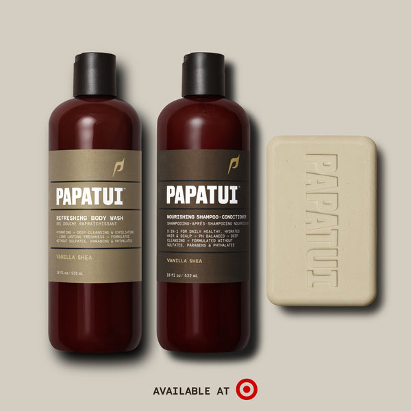 Papatui holiday gift set Vanilla shea shower pack includes Papatui full size 18 oz vanilla shea scented body wash, shampoo and conditioner, and bar soap. Available at Target.
