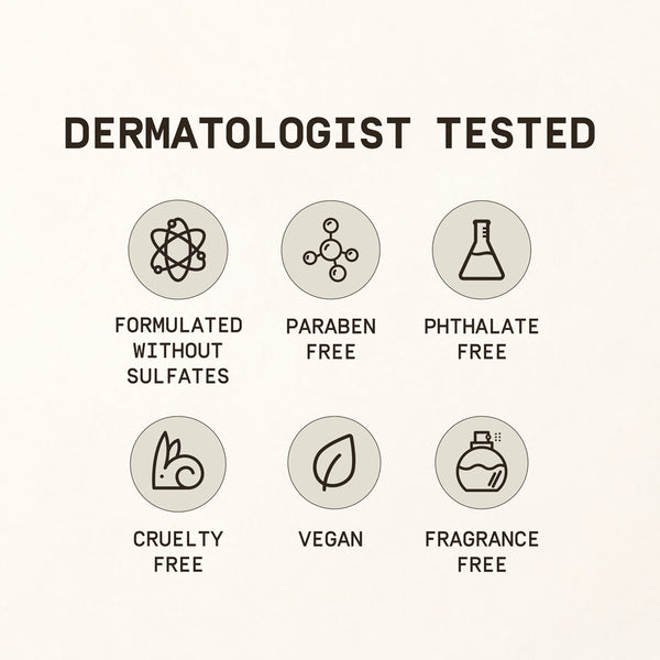Icons and text indicating product features like dermatologist tested, sulfate-free, paraben-free, phthalate-free, cruelty-free, vegan, and fragrance-free on a white background.