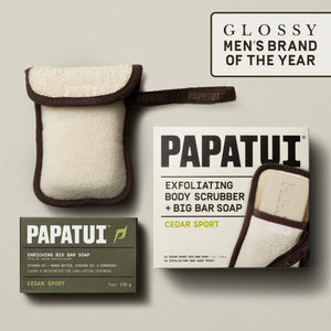 This image shows the front of pack papatui exfoliating body scrubber and cedar sport bar soap with the glossy men's brand of the year award sticker.