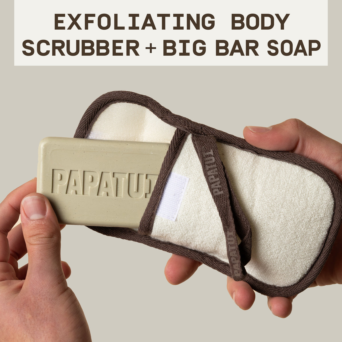 This image shows the front of pack papatui exfoliating body scrubber and cedar sport bar soap with text that reads the same.