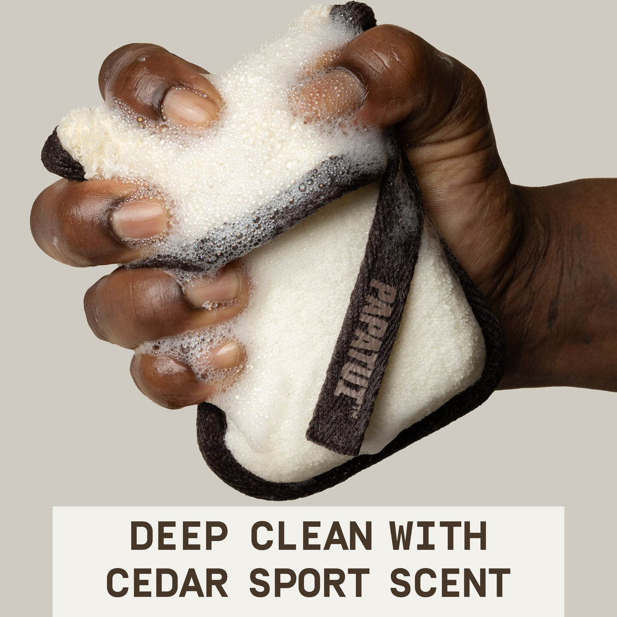 This image shows the front of pack papatui exfoliating body scrubber and cedar sport bar soap with text that reads deep clean with cedar sport scent.