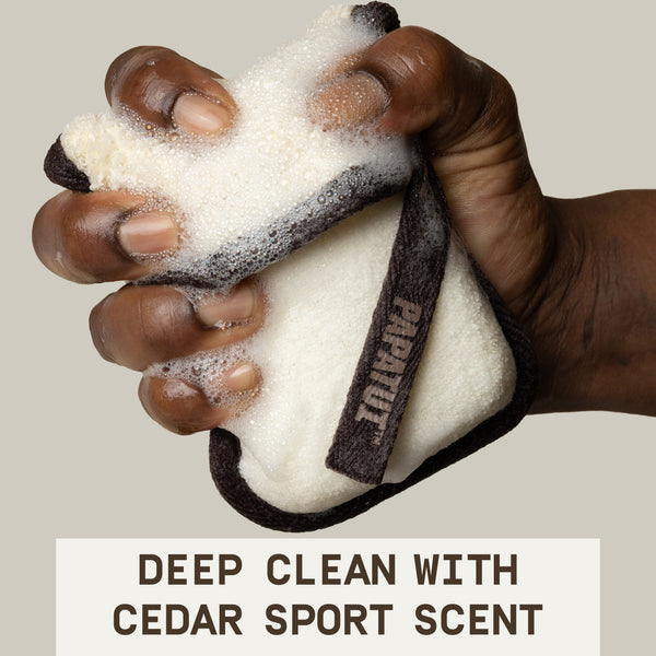 This image shows the front of pack papatui exfoliating body scrubber and cedar sport bar soap with text that reads deep clean with cedar sport scent.