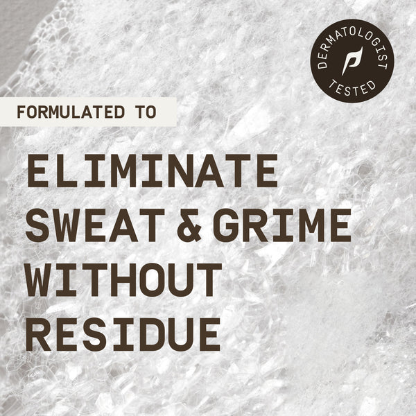 This shows a text soap image with text that reads "formulated to eliminate sweat & grime without residue" with a "dermatologist tested" sticker.
