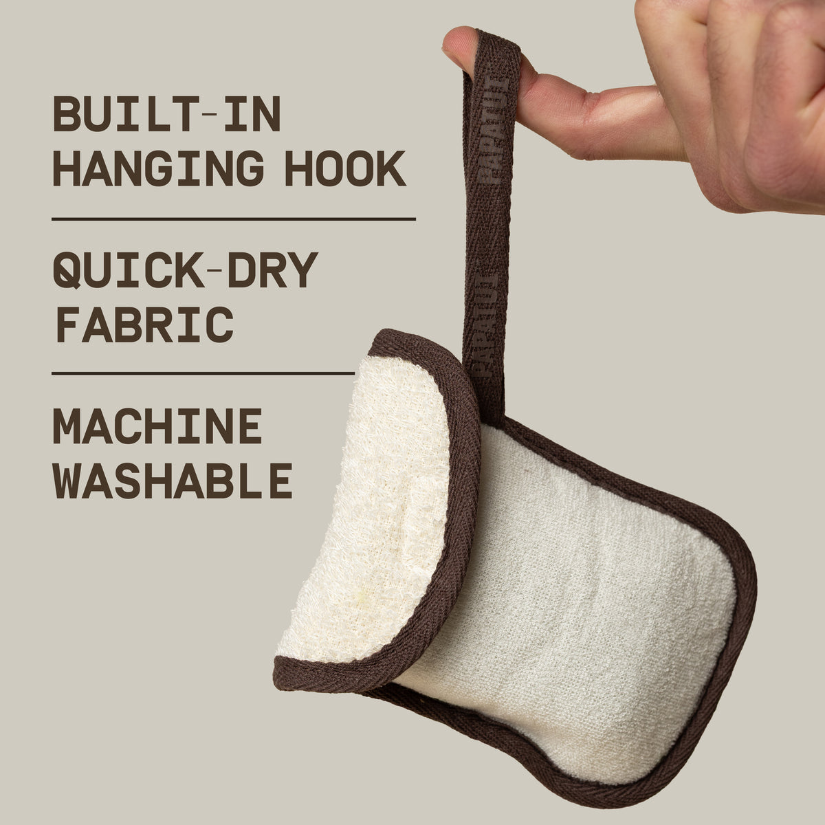 This image shows the exfoliating body scrubber benefits with text reading "built in hanging hook, quick-dry fabric, machine washable."