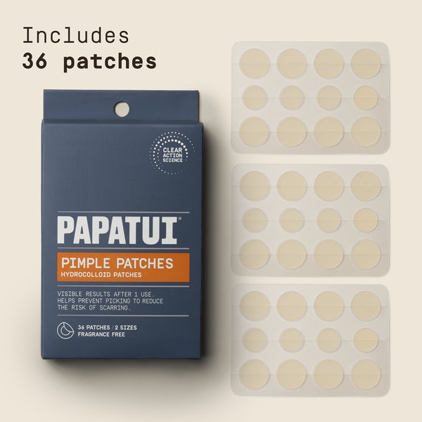 Papatui pimple patches packaging with 36 patches displayed on a beige background.
