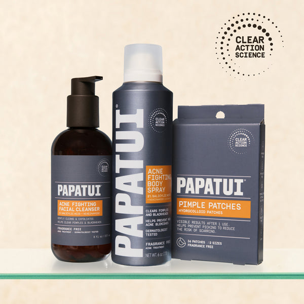 Papatui skincare products including acne fighting facial cleanser, acne fighting body spray, and pimple patches  for men on a beige background.