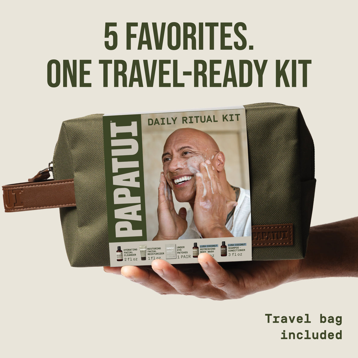 PAPATUI Holiday Daily Ritual Dopp Kit - Facial Cleanser, Moisturizer, Under Eye Patches, Lush Coconut Minis and DOPP Kit - Men's Gift Set 6ct