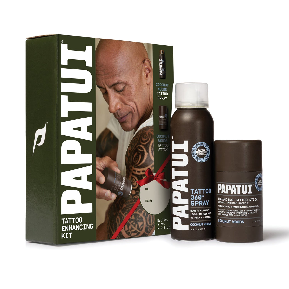 PAPATUI Men’s Gift Set, Enhancing Tattoo Pack, Coconut Woods Tattoo Spray + Tattoo Stick, 2 Piece Set